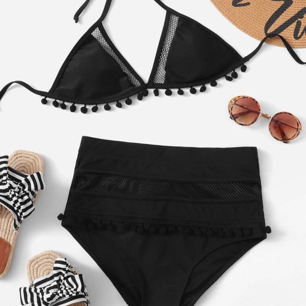 SHEIN Black Pom-Pom High Waisted Bikini
